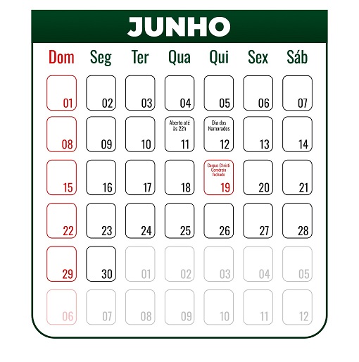 CALENDÁRIO DE JUNHO 2025