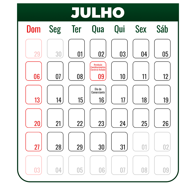 CALENDÁRIO DE JULHO 2025