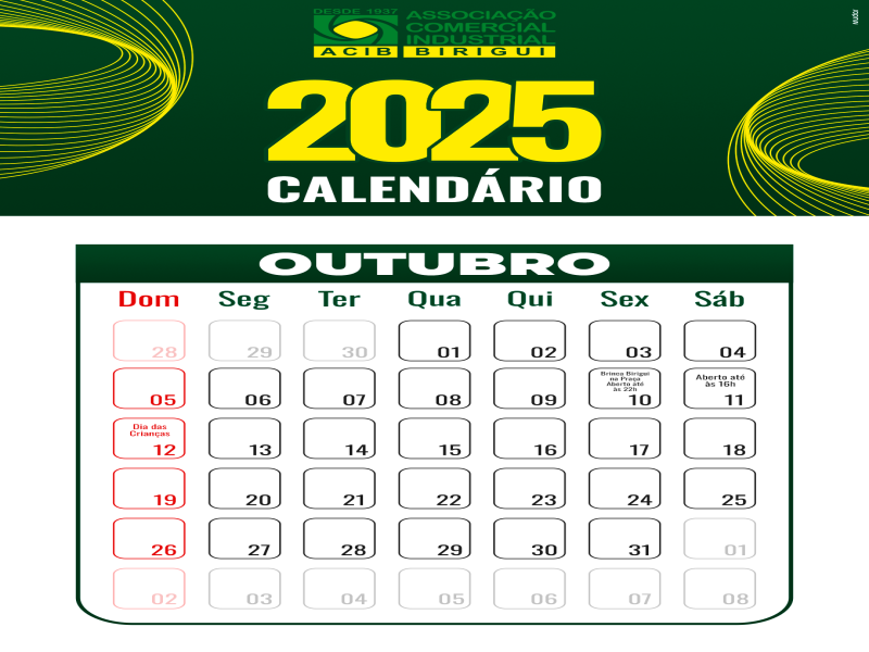CALENDÁRIO DE OUTUBRO 2025 Foto