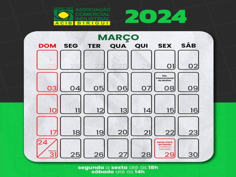 CALENDÁRIO DE MARÇO 2024